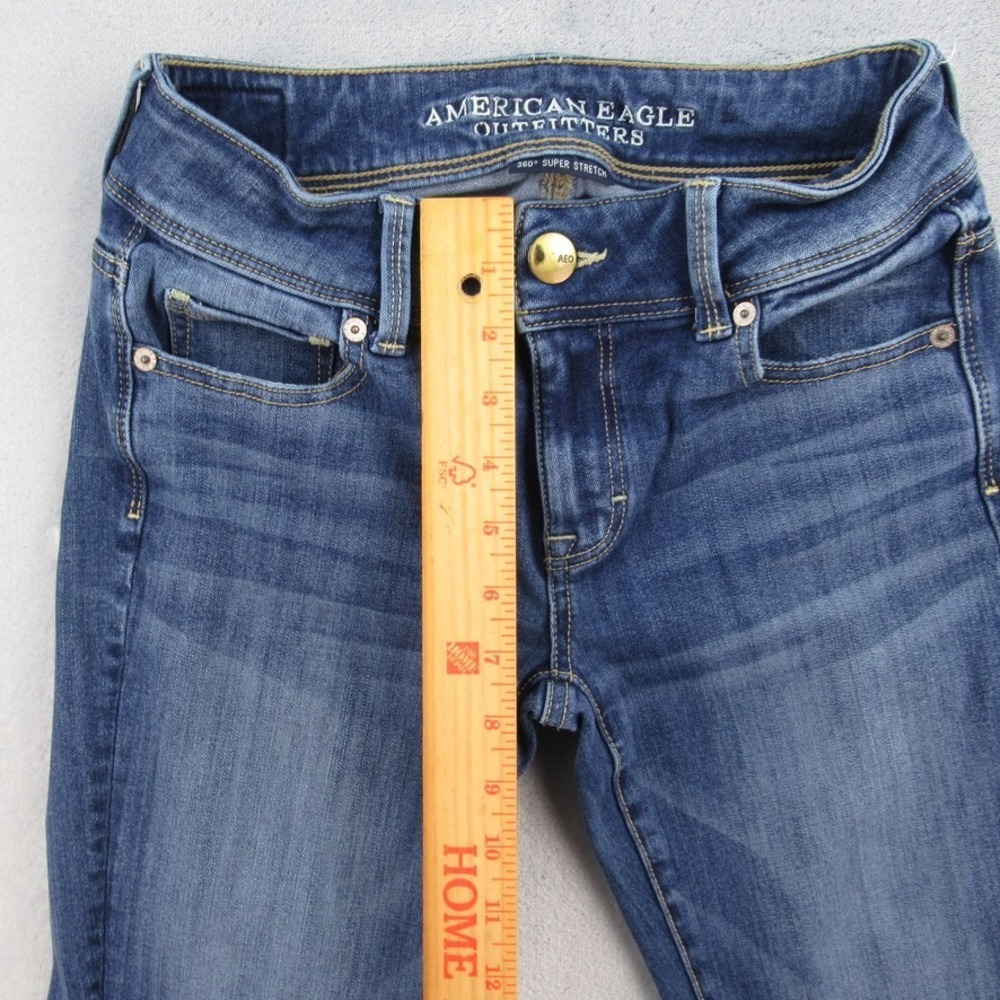 American Eagle Kick Boot Jeans Womens 0 Short Blue 360 Super Stretch Low Rise - Picture 5 of 11